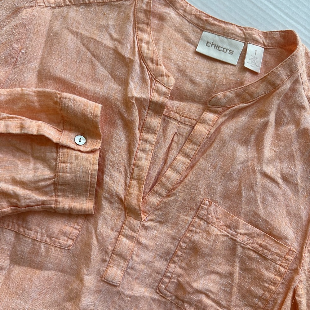 Chico’s Orange 100% Linen 3/4 Sleeves‎ Shirt Size 1 - Picture 7 of 9